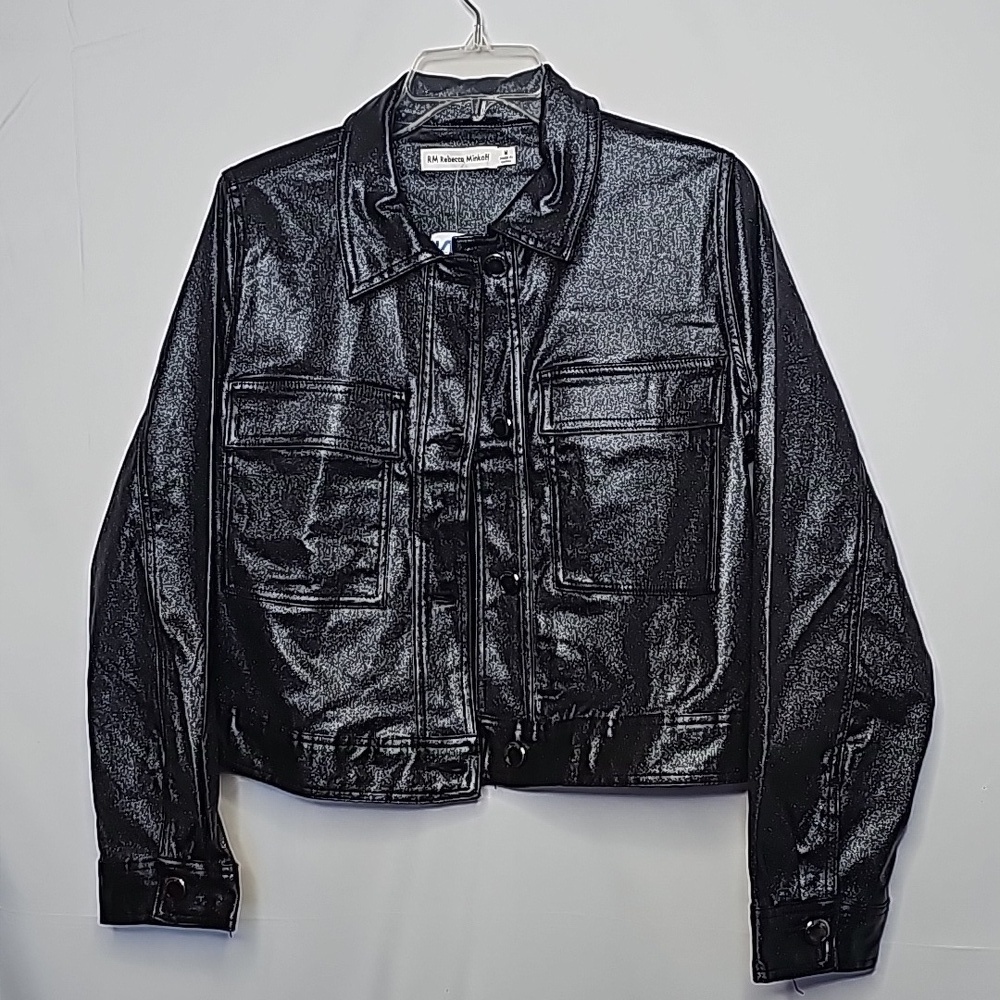 NWT Rebecca Minkoff RM black bling silver shimmer button denim jean jacket sz M